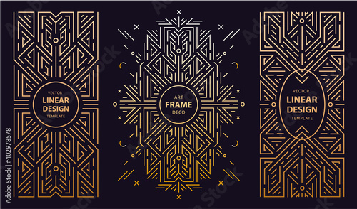 Vector set of art deco frames, adges, abstract geometric design templates for luxury products. Linear ornament compositions, vintage. Use for packaging, branding, decoration