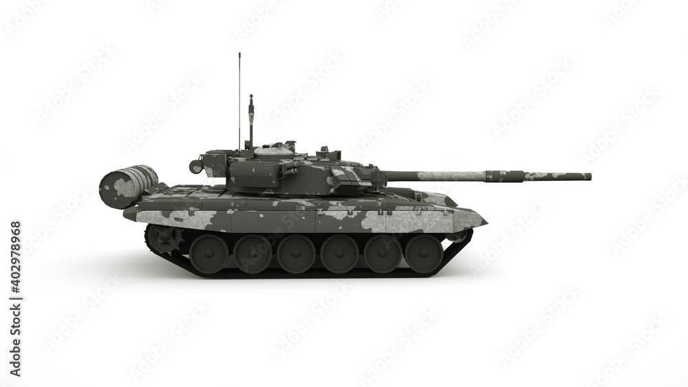 Military vehicle, camouflage tank. Isolated graphic design element on a white background, tank with a muzzle and tracks. Side view.