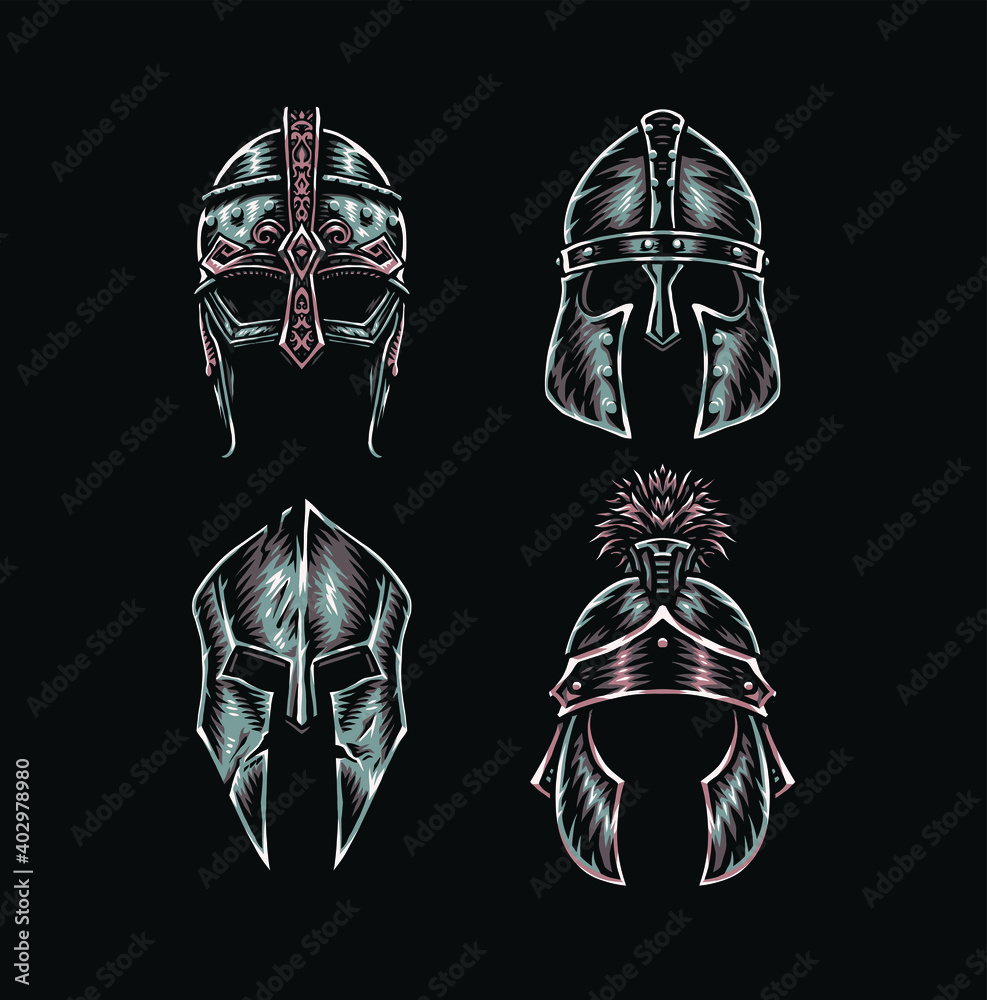 Obraz premium Set of warrior helmets, hand drawn line style with digital color, vector illustration