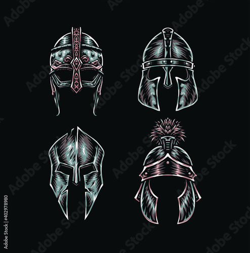 Set of warrior helmets, hand drawn line style with digital color, vector illustration