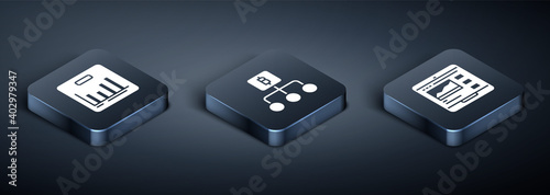 Set Isometric Pie chart infographic, Trading courses and Blockchain technology Bitcoin icon. Vector.