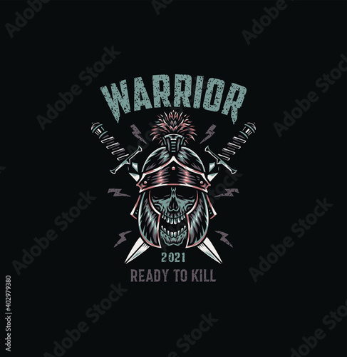 Warrior skull, t shirt graphic design, hand drawn line style with digital color, vector illustration