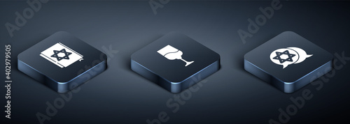 Set Isometric Jewish torah book, Star of David and goblet icon. Vector.