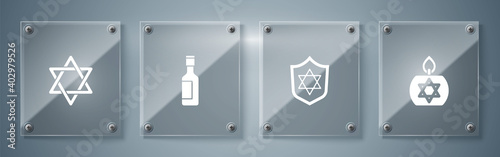 Set Burning candle, Shield with Star of David, Jewish wine bottle and . Square glass panels. Vector.