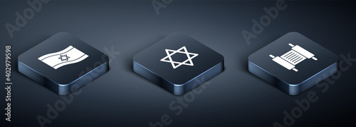 Set Isometric Flag of Israel, Torah scroll and Star David icon. Vector.