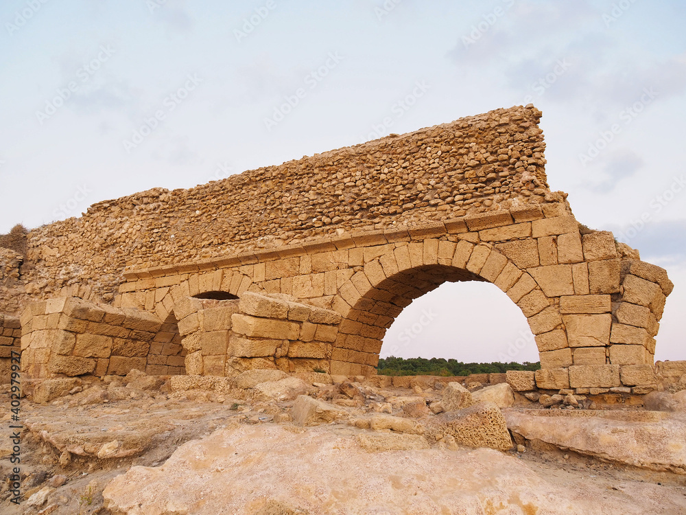 Ruins of Ancient Roman Aqueduct in Caesarea, Israel