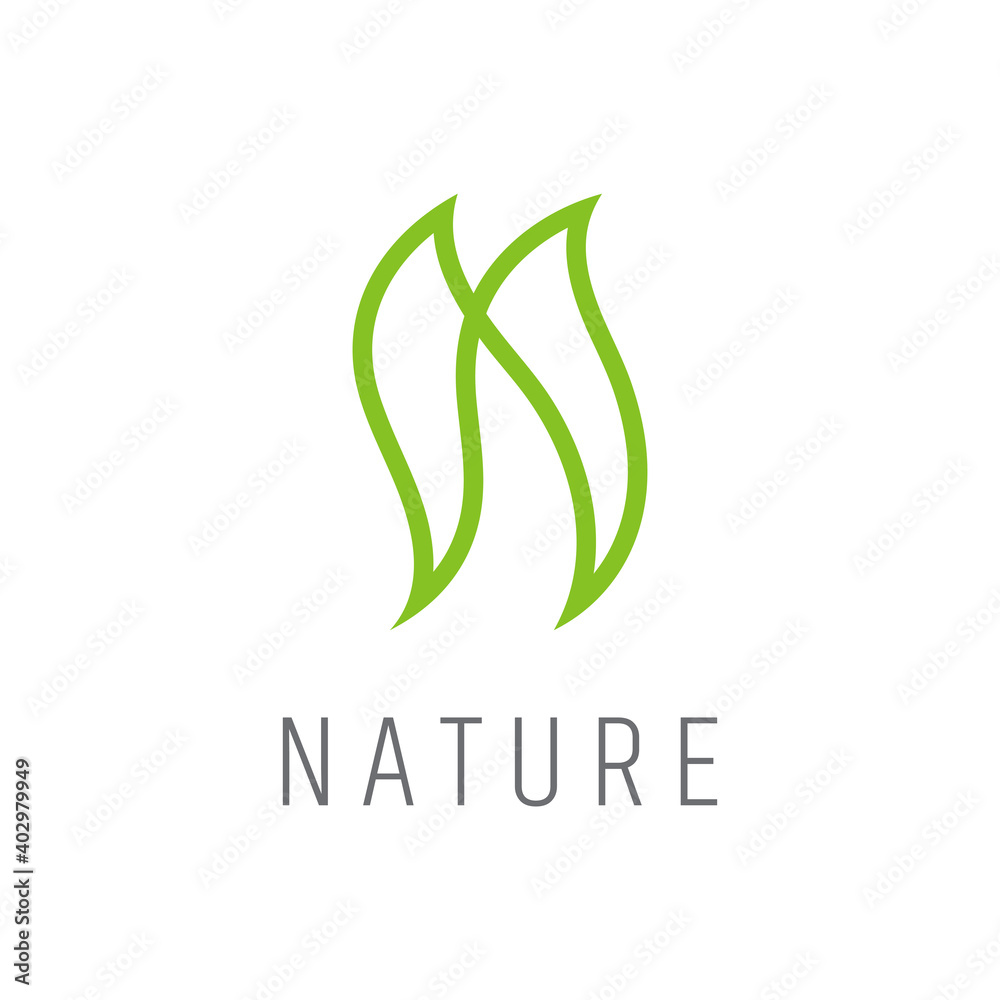 Nature letter N logo. Leaf combination with leaf shape in line concept green color