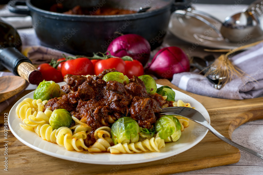 Ragout with Pasta and brussels sprouts on a plate Ragout with Pasta and brussels sprouts on a plate