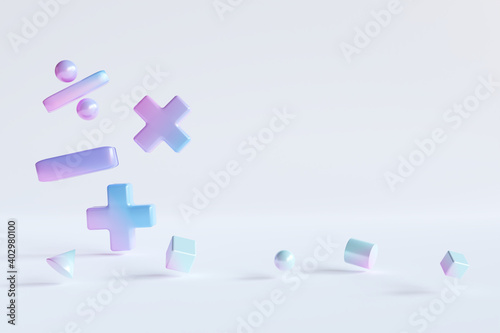 Gradient color basic math operation symbols and Geometry shape on white background. 3d render illustration. Mathematic education background concept.