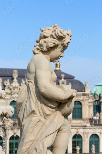 18th century baroque Zwinger Palace  sculpture at the top of Long gallery  Dresden  Germany