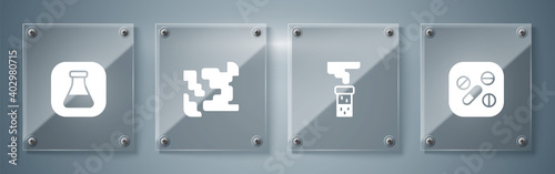 Set Medicine pill or tablet, Test tube and flask, Gaseous and . Square glass panels. Vector.