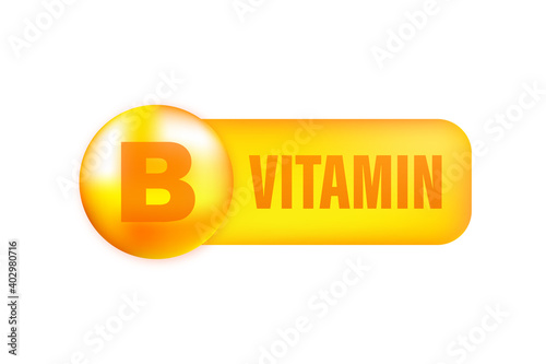 Vitamin B with realistic drop on gray background. Particles of vitamins in the middle. Vector illustration.