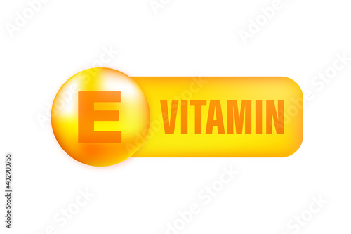 Vitamin E with realistic drop on gray background. Particles of vitamins in the middle. Vector illustration.