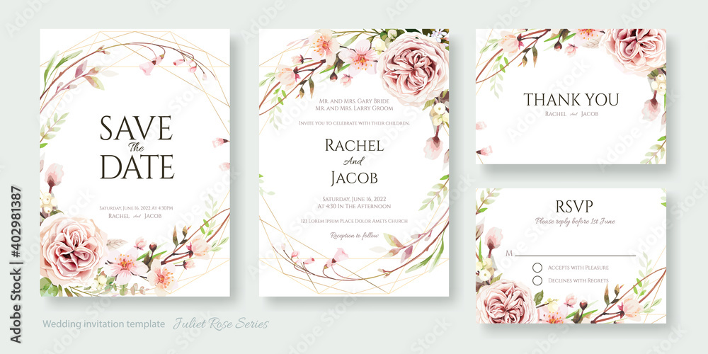 Wedding Invitation, save the date, thank you, rsvp card Design template. Vector. Juliet rose and Cherry blossom flowers.