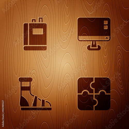 Set Piece of puzzle, Book, Slippers with socks and Computer monitor screen on wooden background. Vector.
