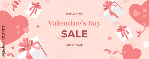 Valentines Day sale web banner, falling gift boxes with holiday ribbons, confetti and bows, hearts shapes on pink background, cute love invitation card template. Hand drawn vector flat illustration