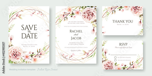 Wedding Invitation, save the date, thank you, rsvp card Design template. Vector. Juliet rose and Cherry blossom flowers.