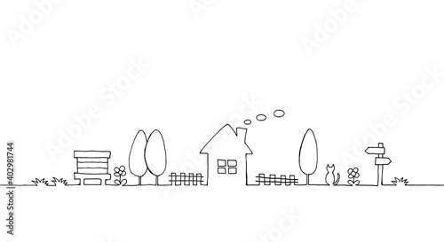 田舎の風景の手描き線画イラスト