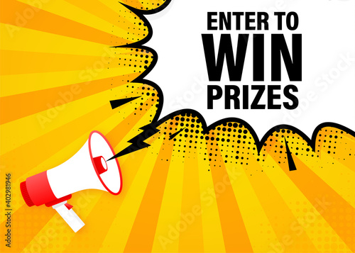 Enter to win prizes megaphone yellow banner in 3D style. Vector illustration.