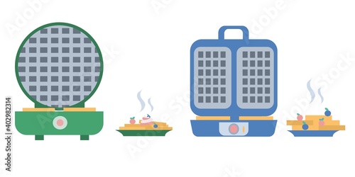 Set of waffleirons and plates of waffles Flat vector illustration