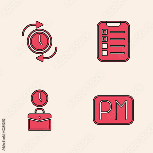 Set Day time, Clock with arrow, To do list or planning and Work icon. Vector.