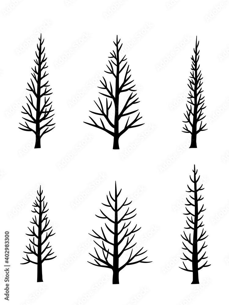 Fototapeta premium hand drawn silhouette side view Pine tree vector set.