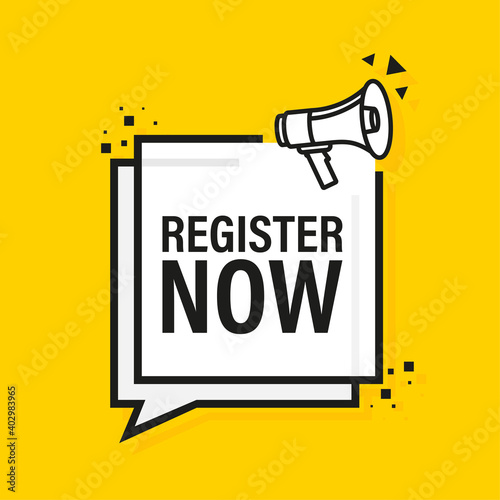 Yellow register now label in modern style on white background. Banner promotion.