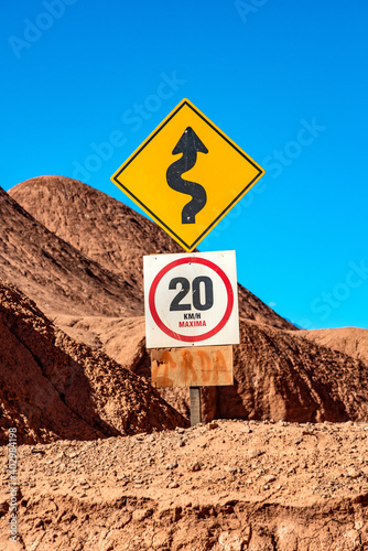 Road sign in the Puna desert of Argentina, Andes