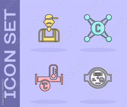 Set Water meter, Plumber, Industry metallic pipe and tap icon. Vector.