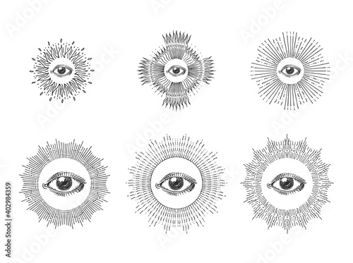 All seeing eye with sunburst,hand drawn images set