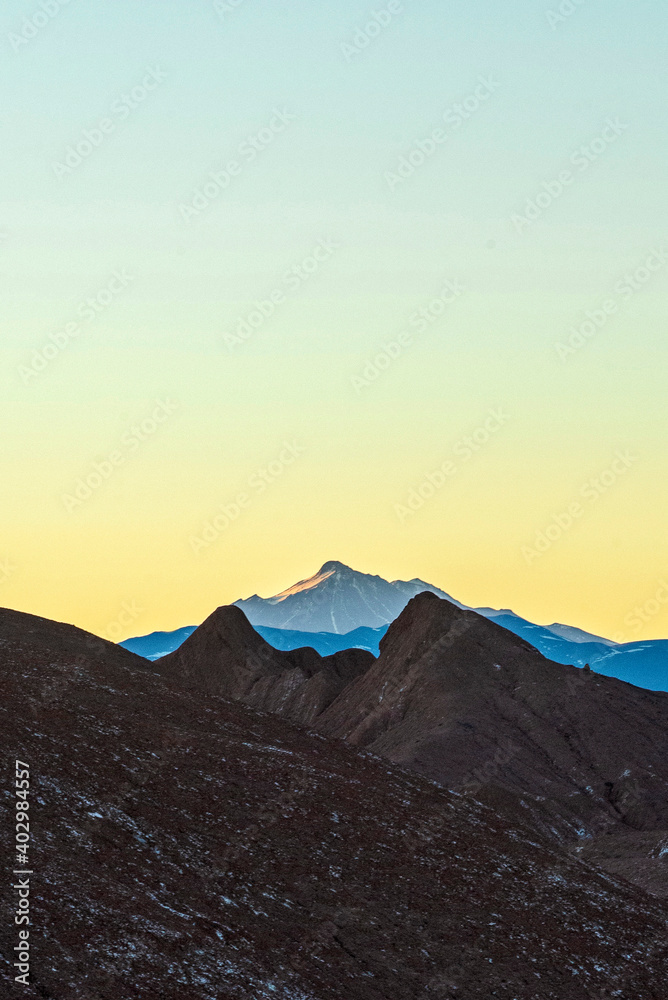 Sunset over Andes mountain in the puna desert at Tolar Grande, Salta province, Argentina