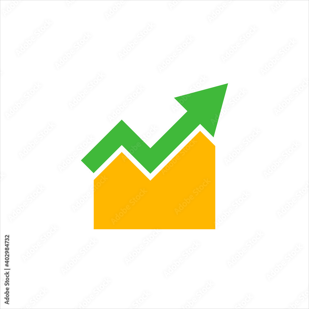 Single arrow growing pointing up on chart graph bars icon, success graph trending upwards flat design interface infographic element for app ui ux web button, vector isolated on white background Single arrow growing pointing up on chart graph bars icon, success graph trending upwards flat design interface infographic element for app ui ux web button, vector isolated on white background