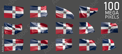 Dominican Republic flag isolated - different pictures of the waving flag on grey background - object 3D illustration