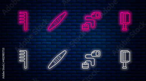 Set line Nail file pet, Retractable cord leash, Hair brush for dog and cat and . Glowing neon icon on brick wall. Vector.