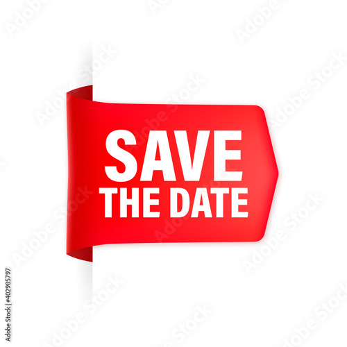 Save the data red ribbon in 3D style on white background. Vector illustration.