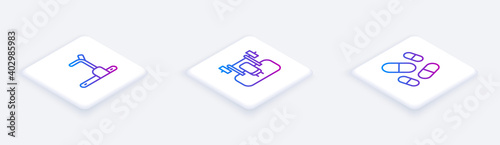 Set Isometric line Treadmill machine, Bench with barbel and Vitamin pill. White square button. Vector.