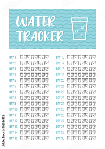 Printable A4 30 days water tracker for bullet journal, poster design. Hydration challenge, drinking water template.