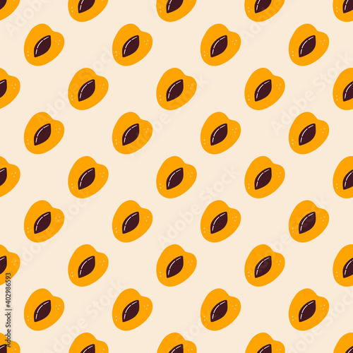Fresh apricot fruits cut in half vector seamless pattern background.