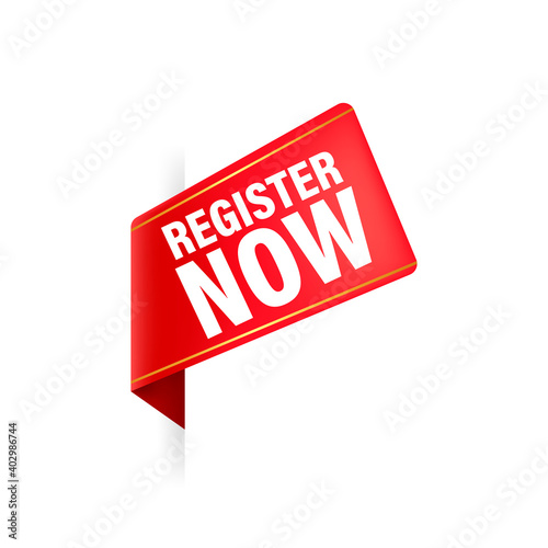 Red register now label in modern style on white background. Banner promotion.