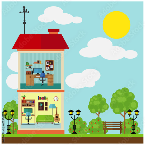 Cute two-story house with rooms and a street around. Vector illustration on the theme of interior and exterior.