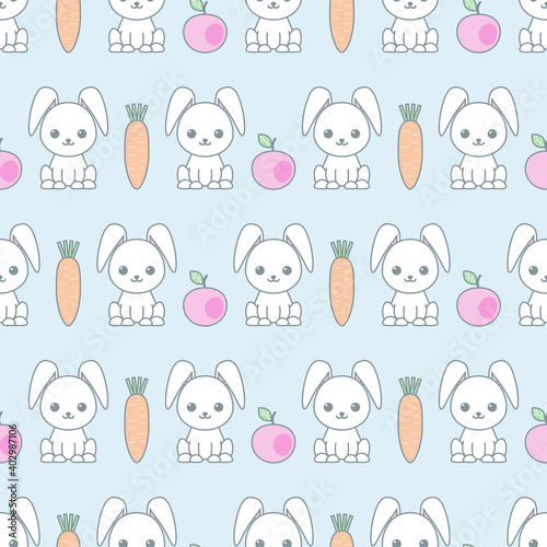 Cute seamless pattern with cartoon funny rabbits. Childish background. Pattern with doodle. Vector kawaii illustration.