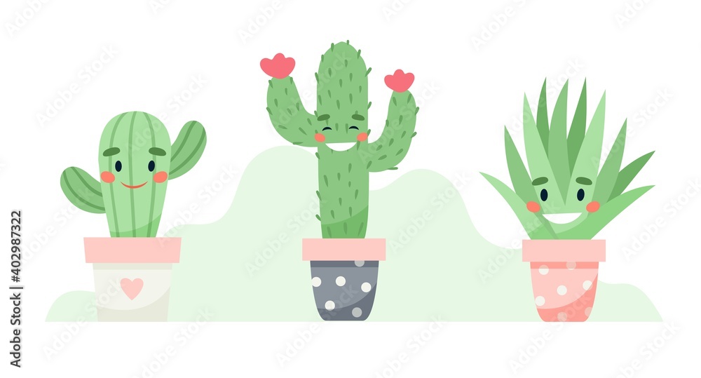 Set of cute cactus and succulents characters, vector illustration in flat style