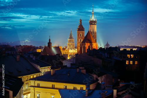 View of the old Krakow center at night, Poland.