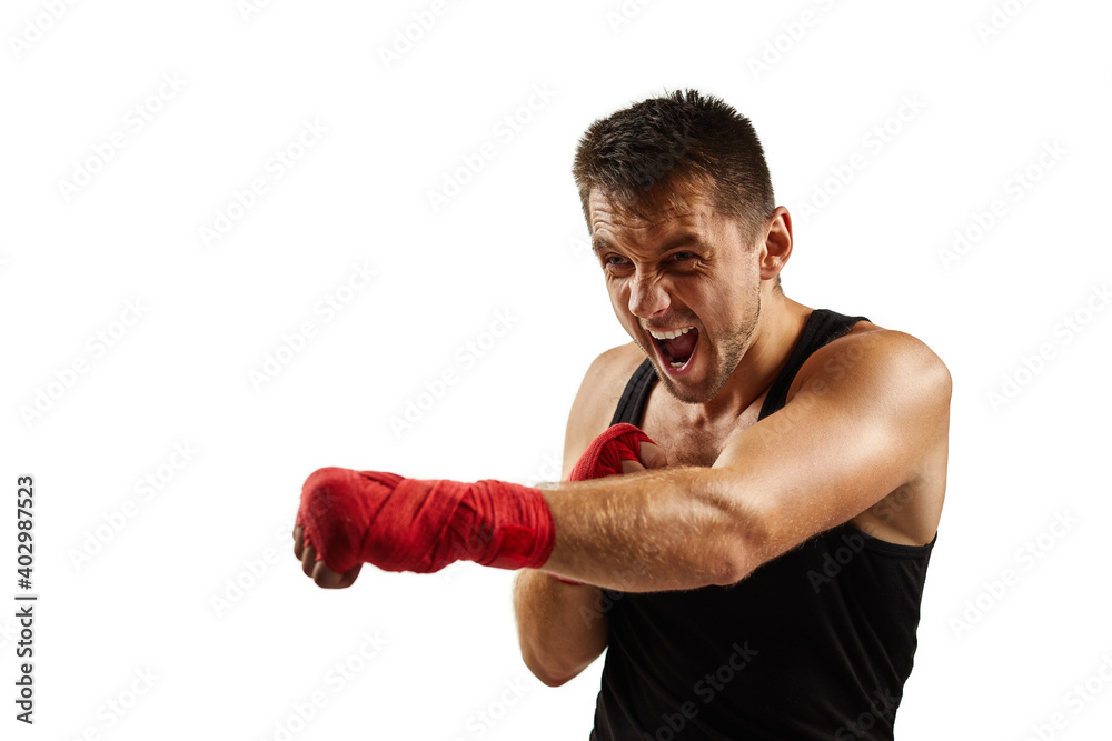 sportsman in red sports bandages on his hands fighting isolated on white background