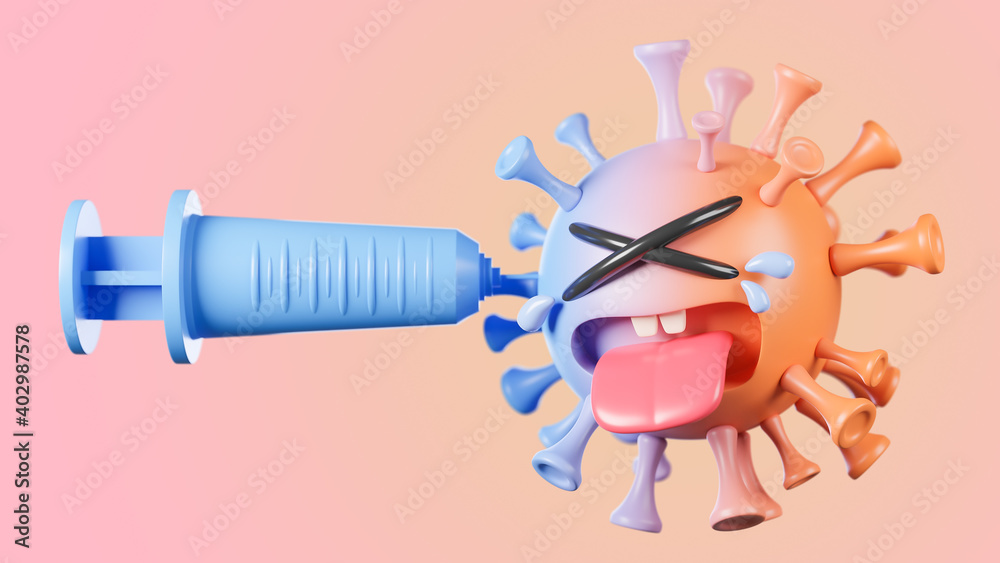 Crying Cute Orange And Blue Colona Virus Character Being Injected With
