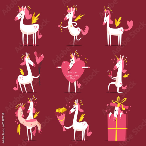 Happy Valentines day vector cartoon illustration with cute unicorn cupid with halo and angel wings. © Roi_and_Roi