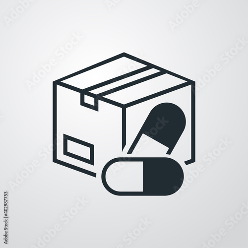 Logotipo entega de medicamentos. Icono caja de cartón con píldoras con lineas en fondo gris