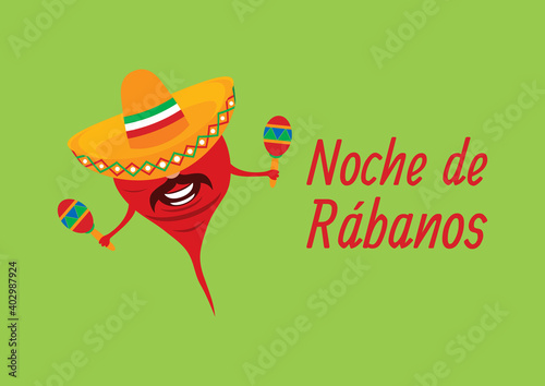 Noche de Rabanos vector. Cheerful mexican radish cartoon character. Mexican holiday Night of the Radishes. Mexican feast with carved radish in Oaxaca. Important day