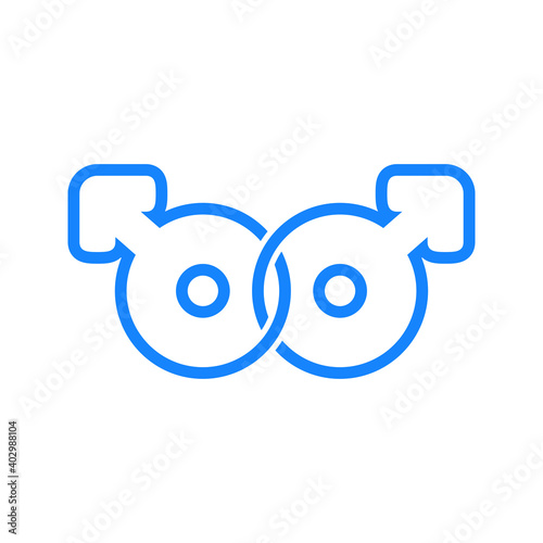 Logotipo sexo homosexual. Símbolos masculinos unidos en lineas en color azul