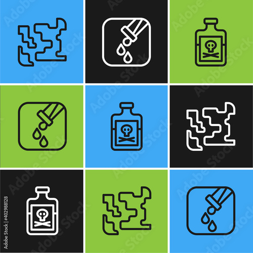 Set line Gaseous, Poison in bottle and Test tube and flask icon. Vector.